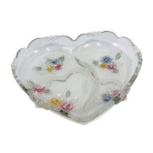 Studio Nova Heart Shaped Divided Glass Serving Dish Floral Design 11”